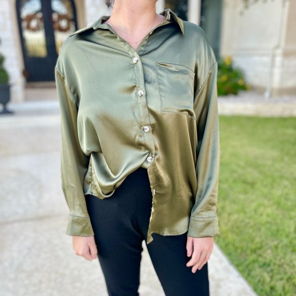Tops Nwt Olive Green Satin Buttondown Shirt Blouse Poshmark